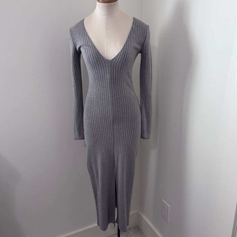Zara Small Gray Ribbed Bodycon Fitted Midi Long Sleeve Dress